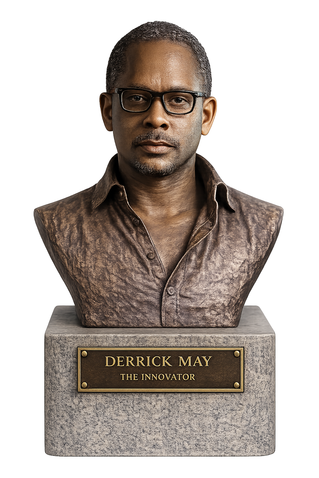 Bronze bust concept of Derrick May on a granite pedestal