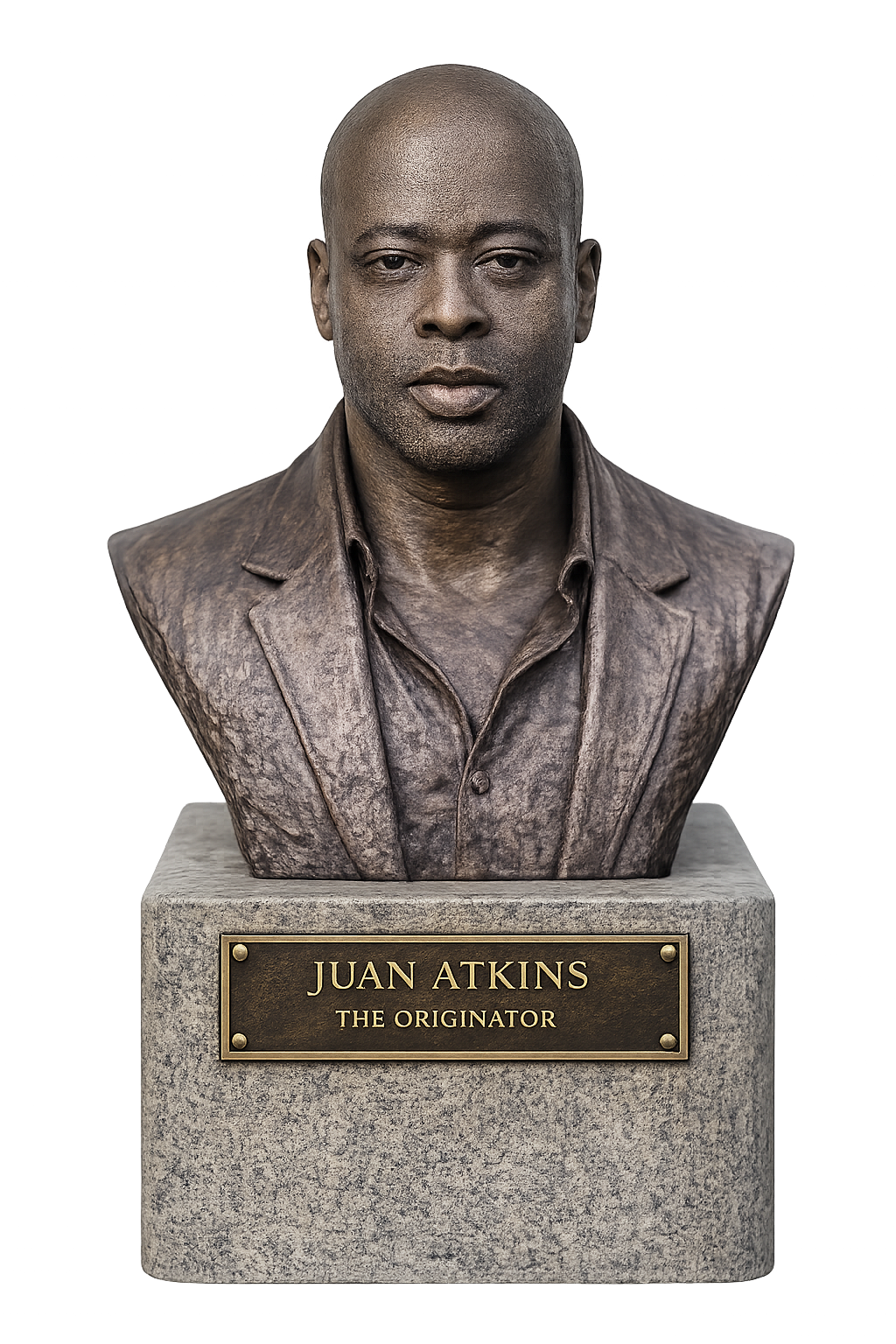 Bronze bust concept of Juan Atkins on a granite pedestal
