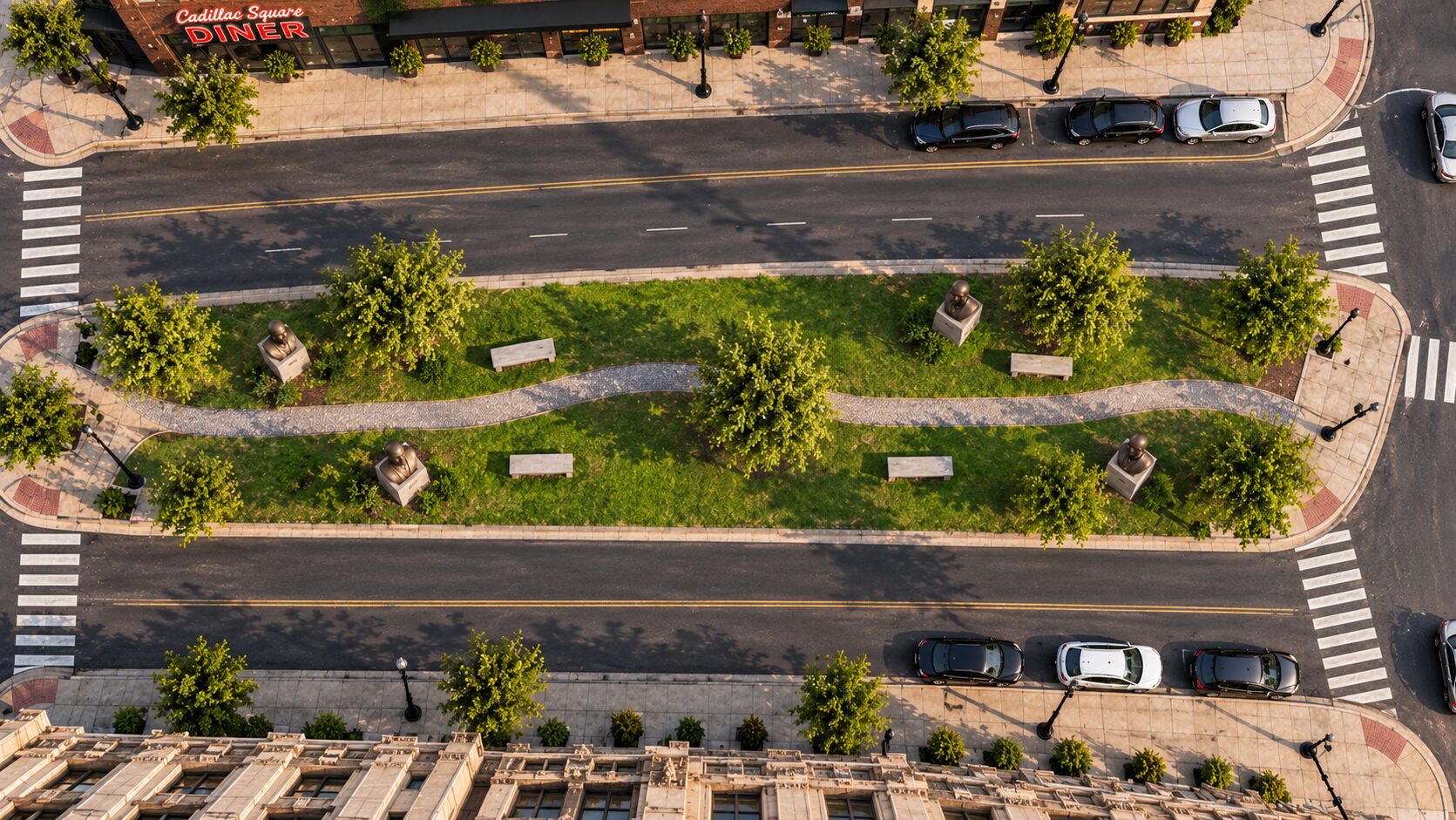 Aerial view of the park layout at Cadillac Square