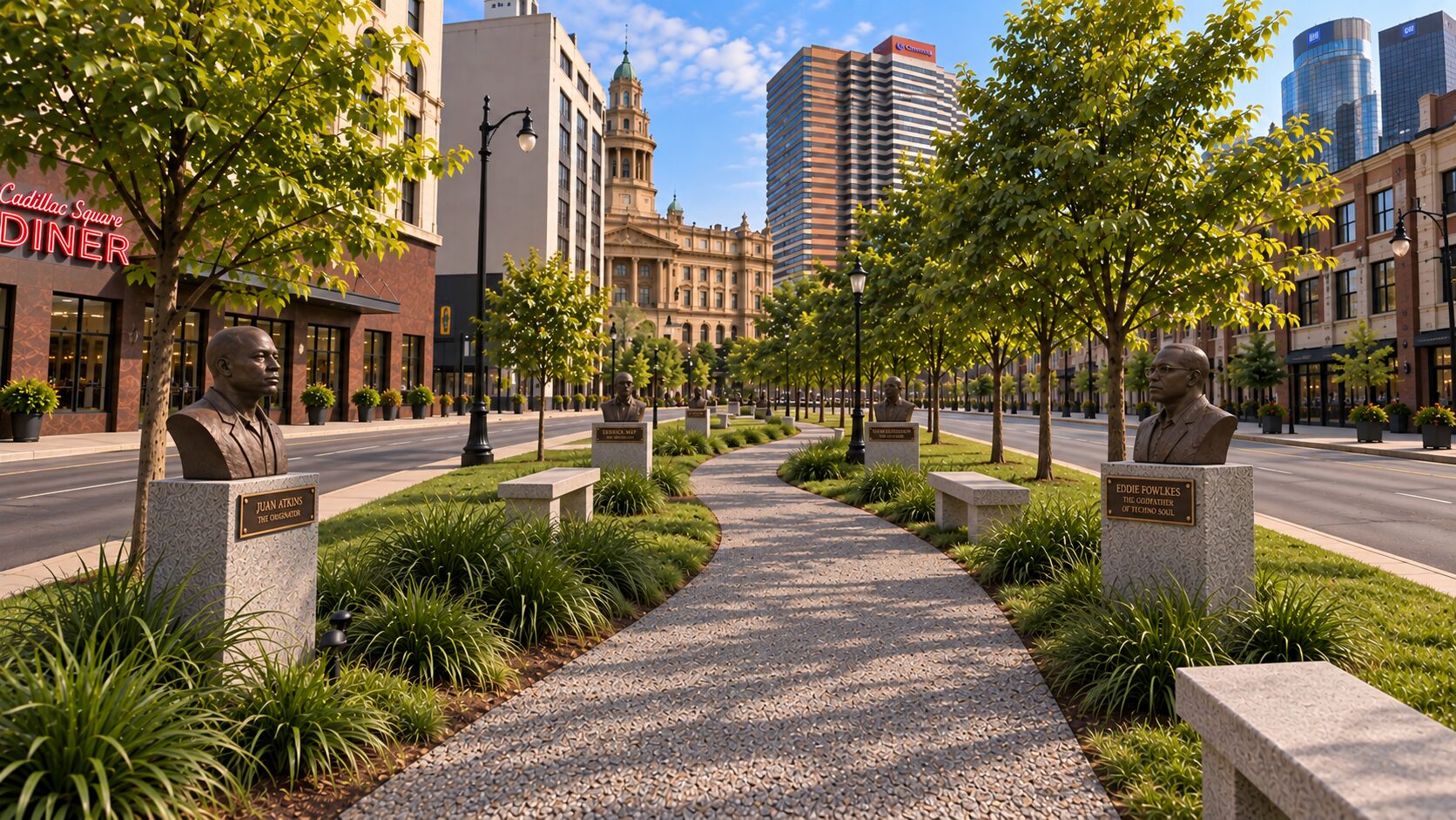 Walking path through the park with Juan Atkins and Eddie Fowlkes bronze busts on granite pedestals