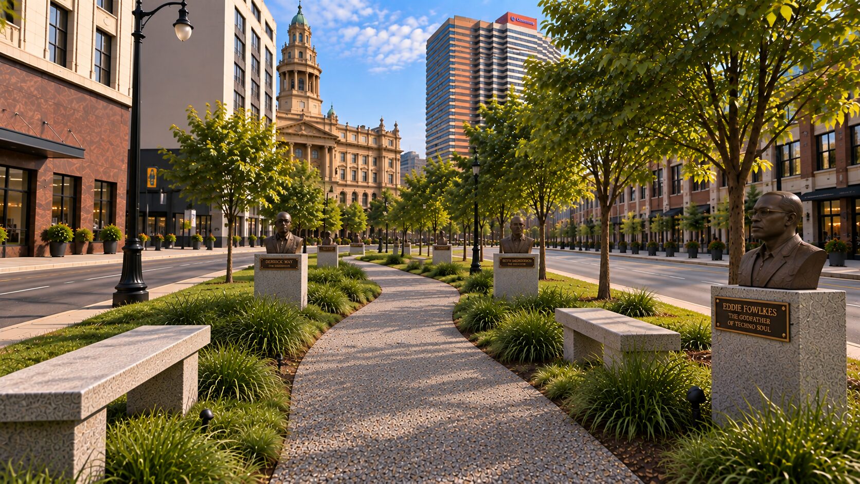 Reverse view of the walking path with the four busts arranged along it
